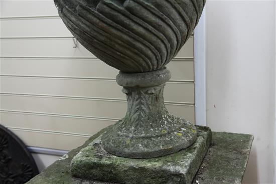 A large pair of reconstituted stone popes urns, overall H.7ft 3in.